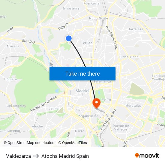 Valdezarza to Atocha Madrid Spain map