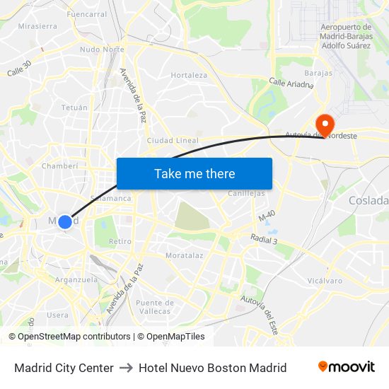 Madrid City Center to Hotel Nuevo Boston Madrid map