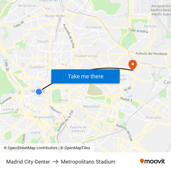 Madrid City Center to Metropolitano Stadium map