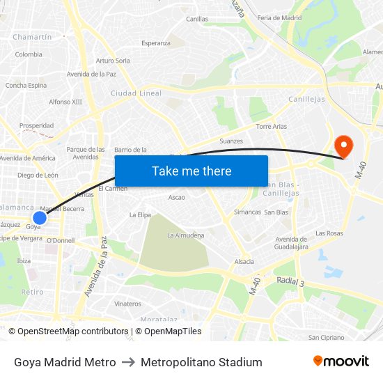 Goya Madrid Metro to Metropolitano Stadium map