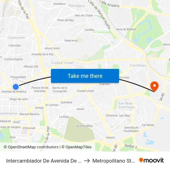 Intercambiador De Avenida De América to Metropolitano Stadium map