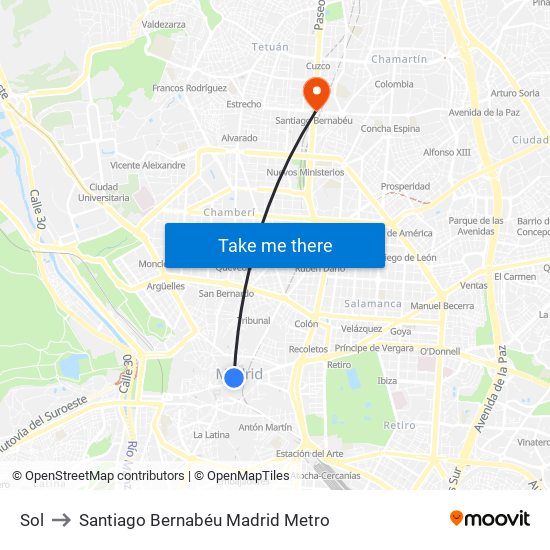 Sol to Santiago Bernabéu Madrid Metro map