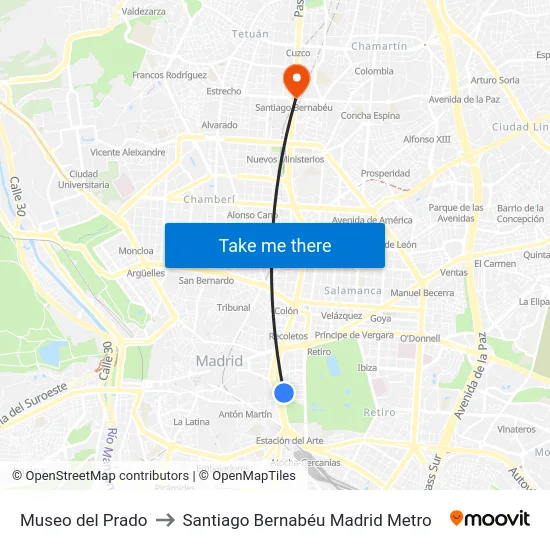 Museo del Prado to Santiago Bernabéu Madrid Metro map
