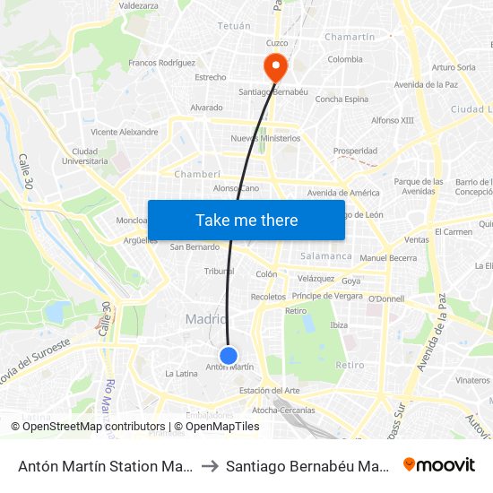 Antón Martín Station Madrid Spain to Santiago Bernabéu Madrid Metro map