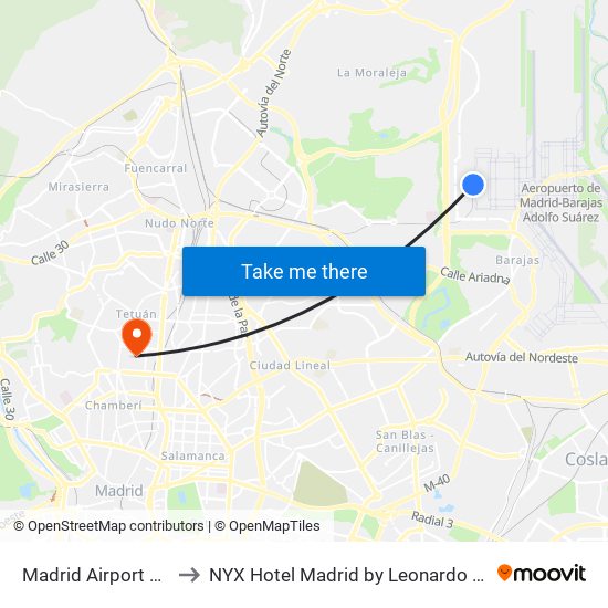Madrid Airport MAD to NYX Hotel Madrid by Leonardo Hotels map