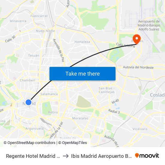 Regente Hotel Madrid Spain to Ibis Madrid Aeropuerto Barajas map