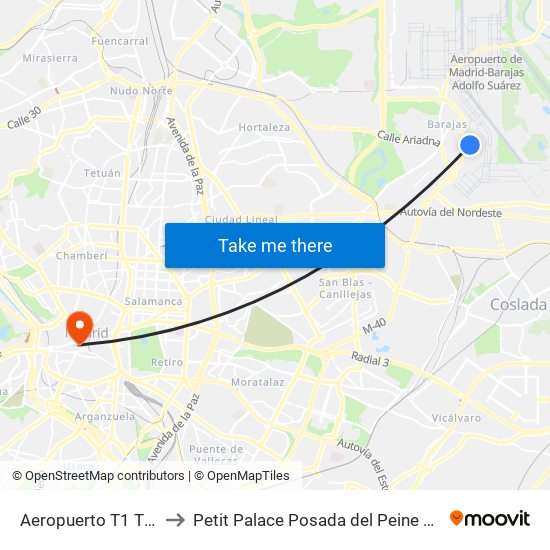 Aeropuerto T1 T2 T3 to Petit Palace Posada del Peine Madrid map