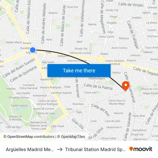 Argüelles Madrid Metro to Tribunal Station Madrid Spain map
