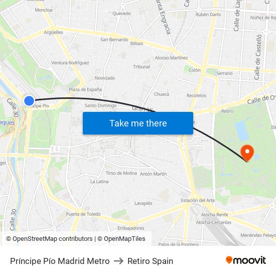 Príncipe Pío Madrid Metro to Retiro Spain map