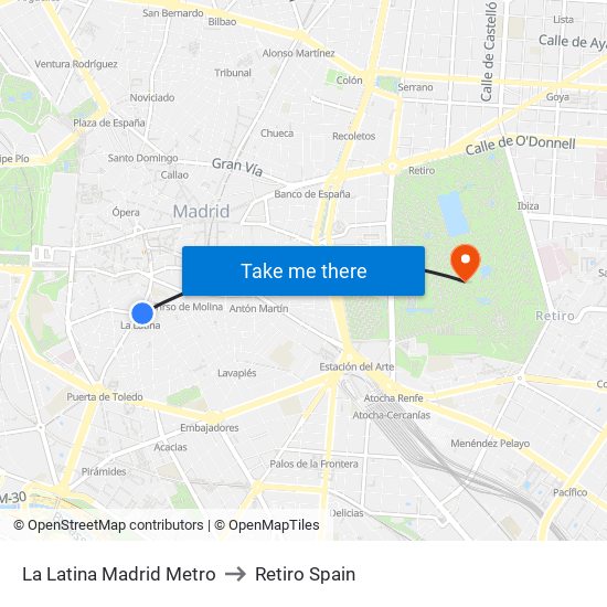 La Latina Madrid Metro to Retiro Spain map