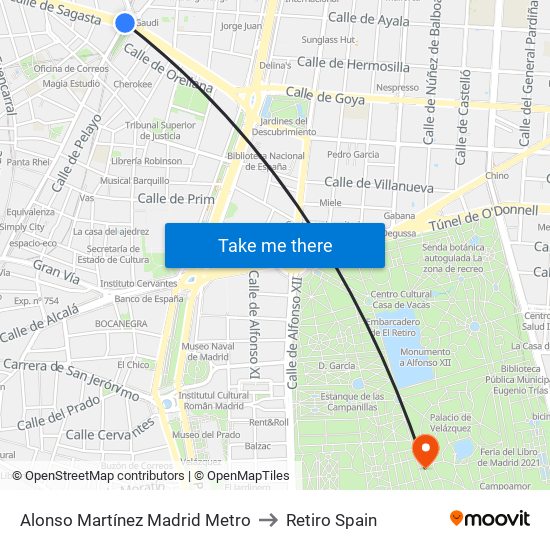 Alonso Martínez Madrid Metro to Retiro Spain map