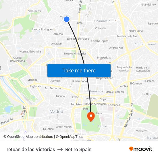 Tetuán de las Victorias to Retiro Spain map