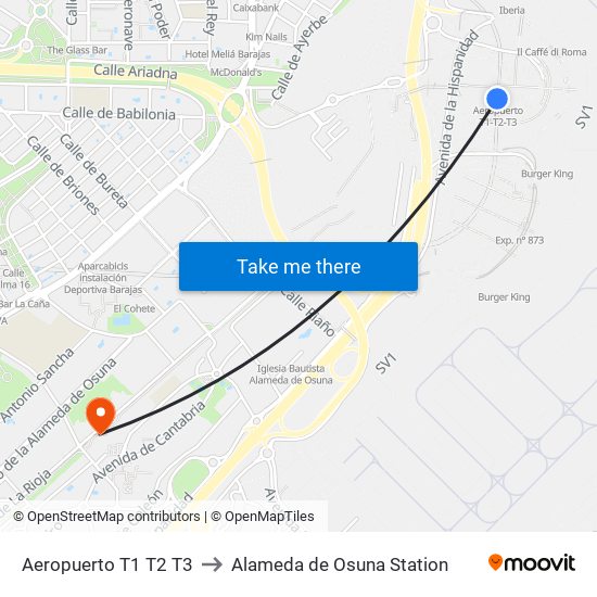 Aeropuerto T1 T2 T3 to Alameda de Osuna Station map