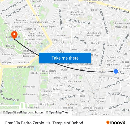 Gran Vía Pedro Zerolo to Temple of Debod map
