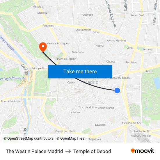 The Westin Palace Madrid to Temple of Debod map