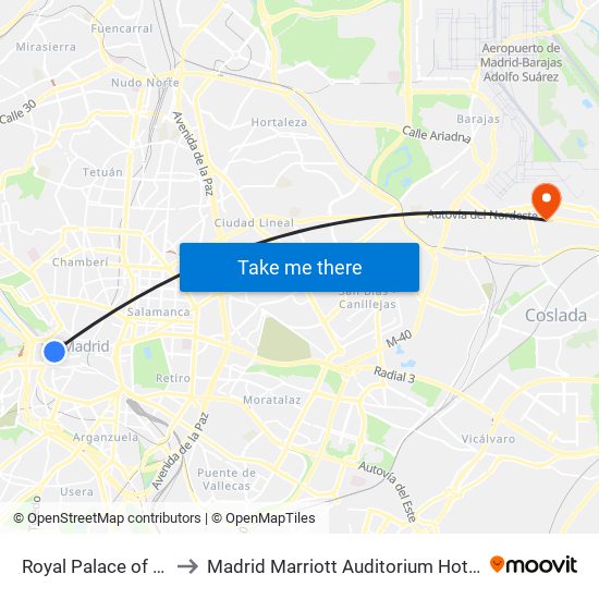 Royal Palace of Madrid Park to Madrid Marriott Auditorium Hotel Conference Center map