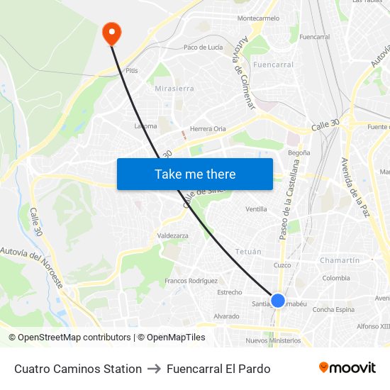 Cuatro Caminos Station to Fuencarral El Pardo map