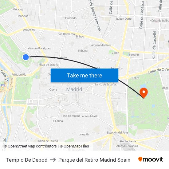 Templo De Debod to Parque del Retiro Madrid Spain map