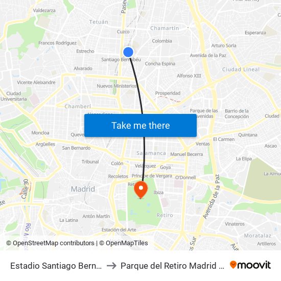 Estadio Santiago Bernabéu to Parque del Retiro Madrid Spain map