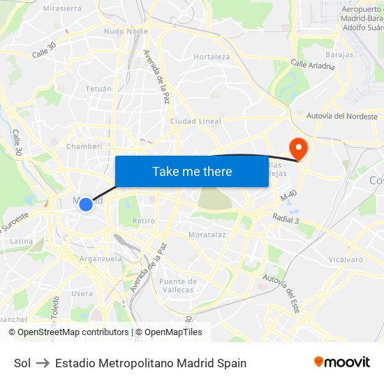Sol to Estadio Metropolitano Madrid Spain map