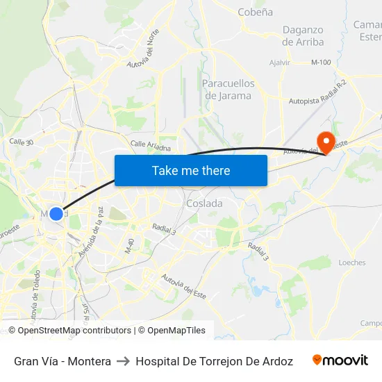 Gran Vía - Montera to Hospital De Torrejon De Ardoz map
