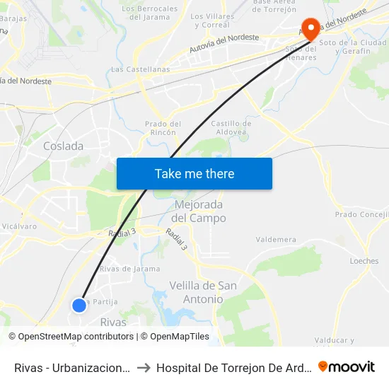 Rivas - Urbanizaciones to Hospital De Torrejon De Ardoz map