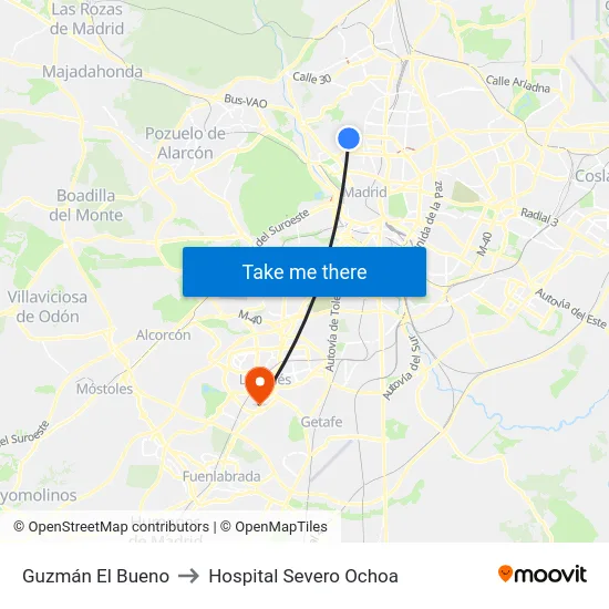 Guzmán El Bueno to Hospital Severo Ochoa map