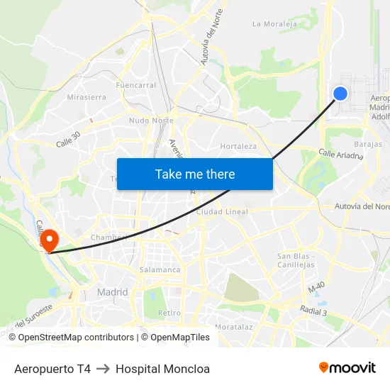 Aeropuerto T4 to Hospital Moncloa map