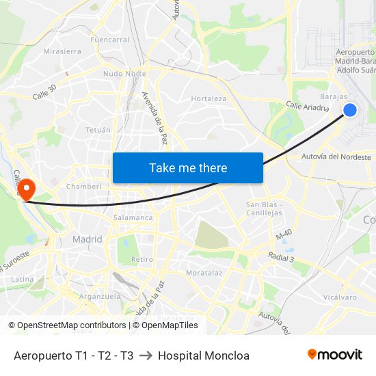 Aeropuerto T1 - T2 - T3 to Hospital Moncloa map