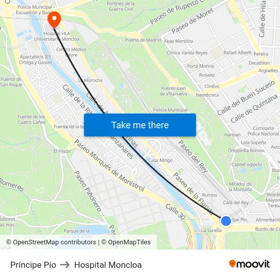 Príncipe Pío to Hospital Moncloa map