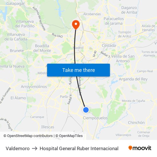 Valdemoro to Hospital General Ruber Internacional map