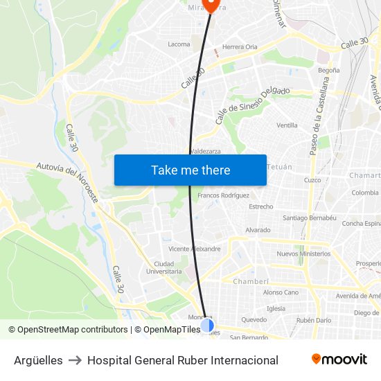 Argüelles to Hospital General Ruber Internacional map
