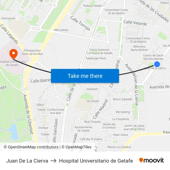 Juan De La Cierva to Hospital Universitario de Getafe map