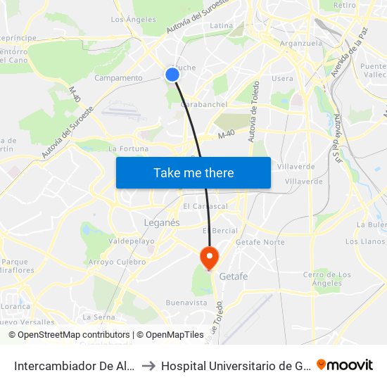 Intercambiador De Aluche to Hospital Universitario de Getafe map