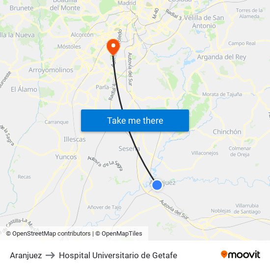 Aranjuez to Hospital Universitario de Getafe map