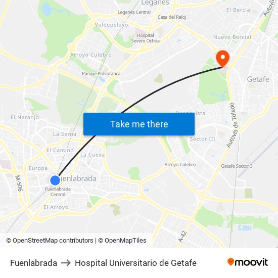 Fuenlabrada to Hospital Universitario de Getafe map