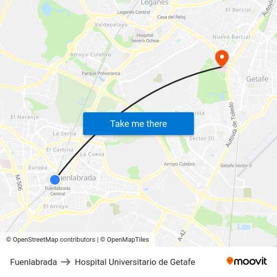 Fuenlabrada to Hospital Universitario de Getafe map