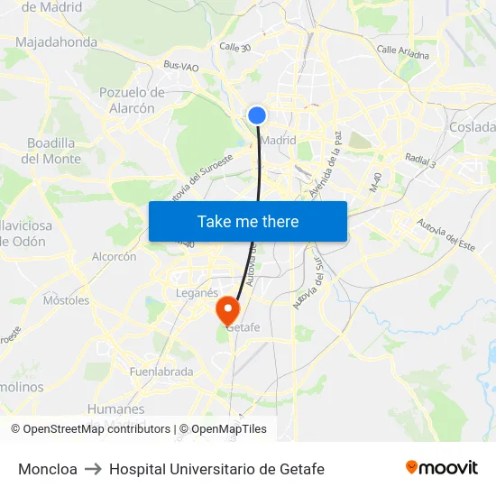 Moncloa to Hospital Universitario de Getafe map