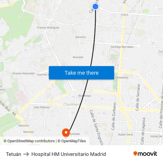 Tetuán to Hospital HM Universitario Madrid map