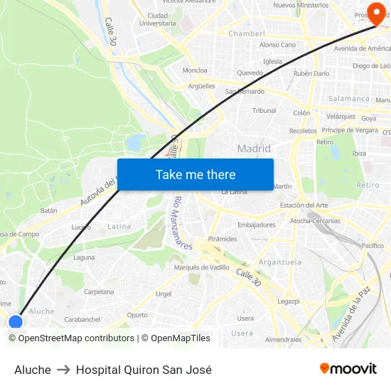 Aluche to Hospital Quiron San José map