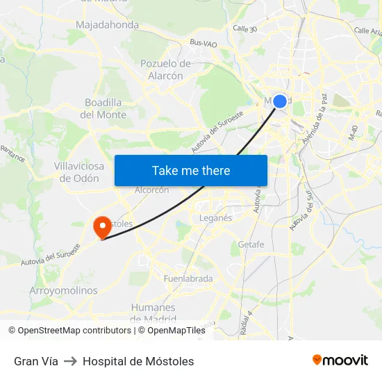Gran Vía to Hospital de Móstoles map