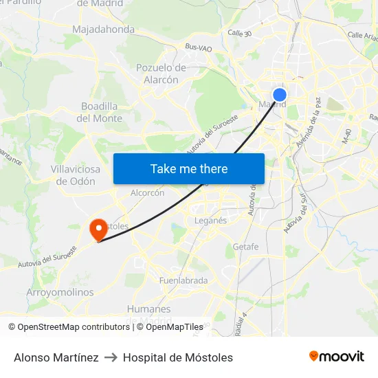 Alonso Martínez to Hospital de Móstoles map