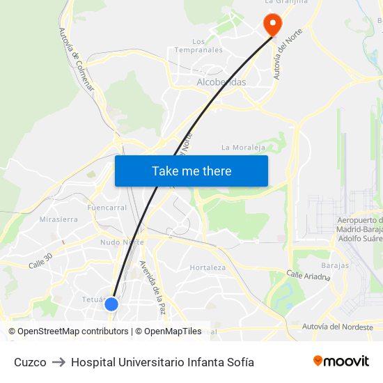 Cuzco to Hospital Universitario Infanta Sofía map