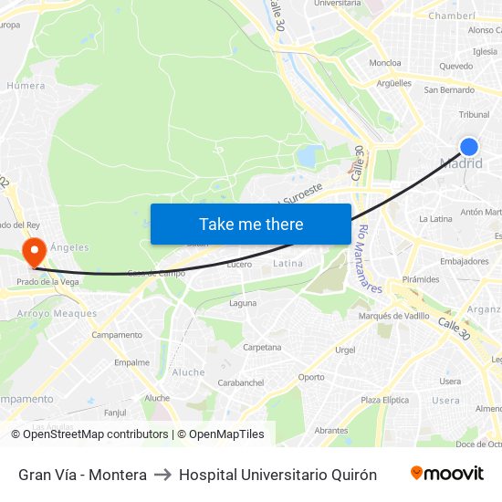 Gran Vía - Montera to Hospital Universitario Quirón map