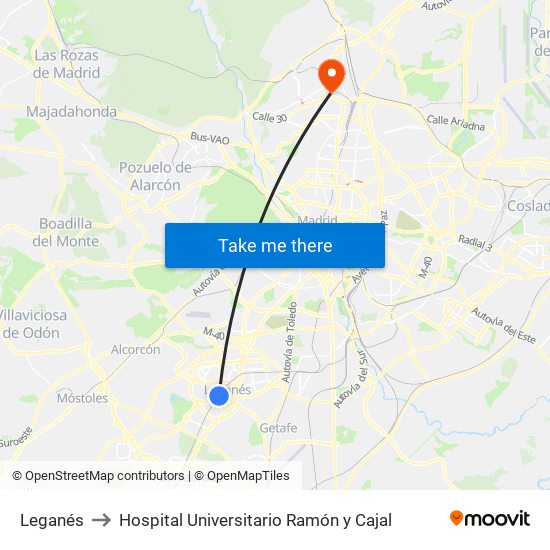 Leganés to Hospital Universitario Ramón y Cajal map