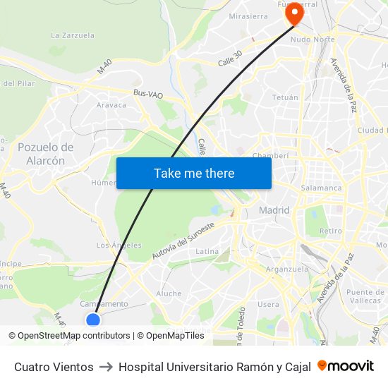 Cuatro Vientos to Hospital Universitario Ramón y Cajal map