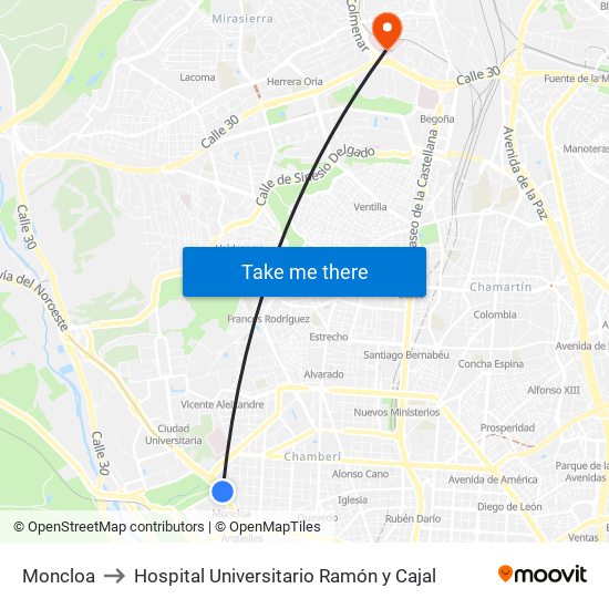 Moncloa to Hospital Universitario Ramón y Cajal map