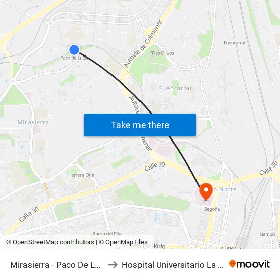 Mirasierra - Paco De Lucía to Hospital Universitario La Paz map