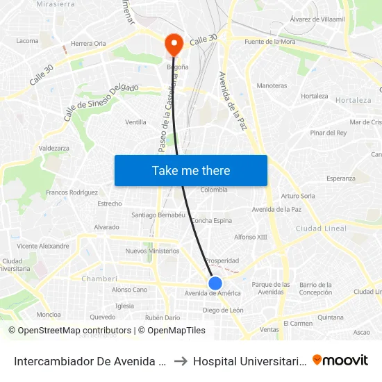 Intercambiador De Avenida De América to Hospital Universitario La Paz map