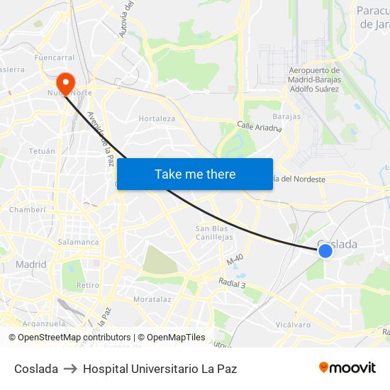 Coslada to Hospital Universitario La Paz map